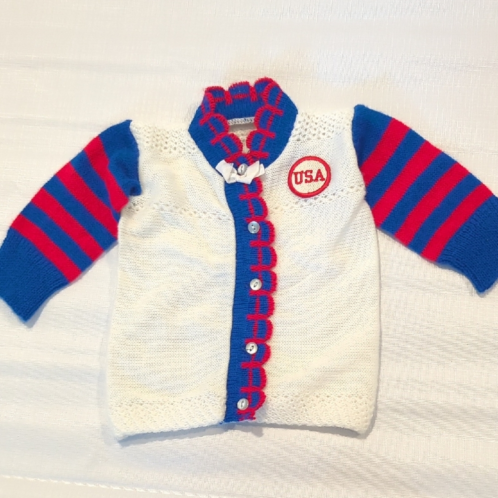 Vintage Kids Sweater - White with Blue and Red Accents